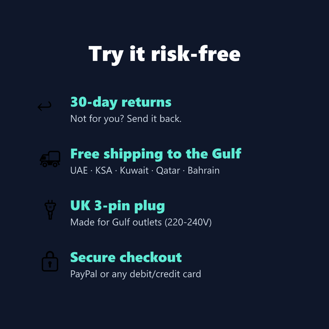 30-day returns, free Gulf shipping, UK plug, secure checkout